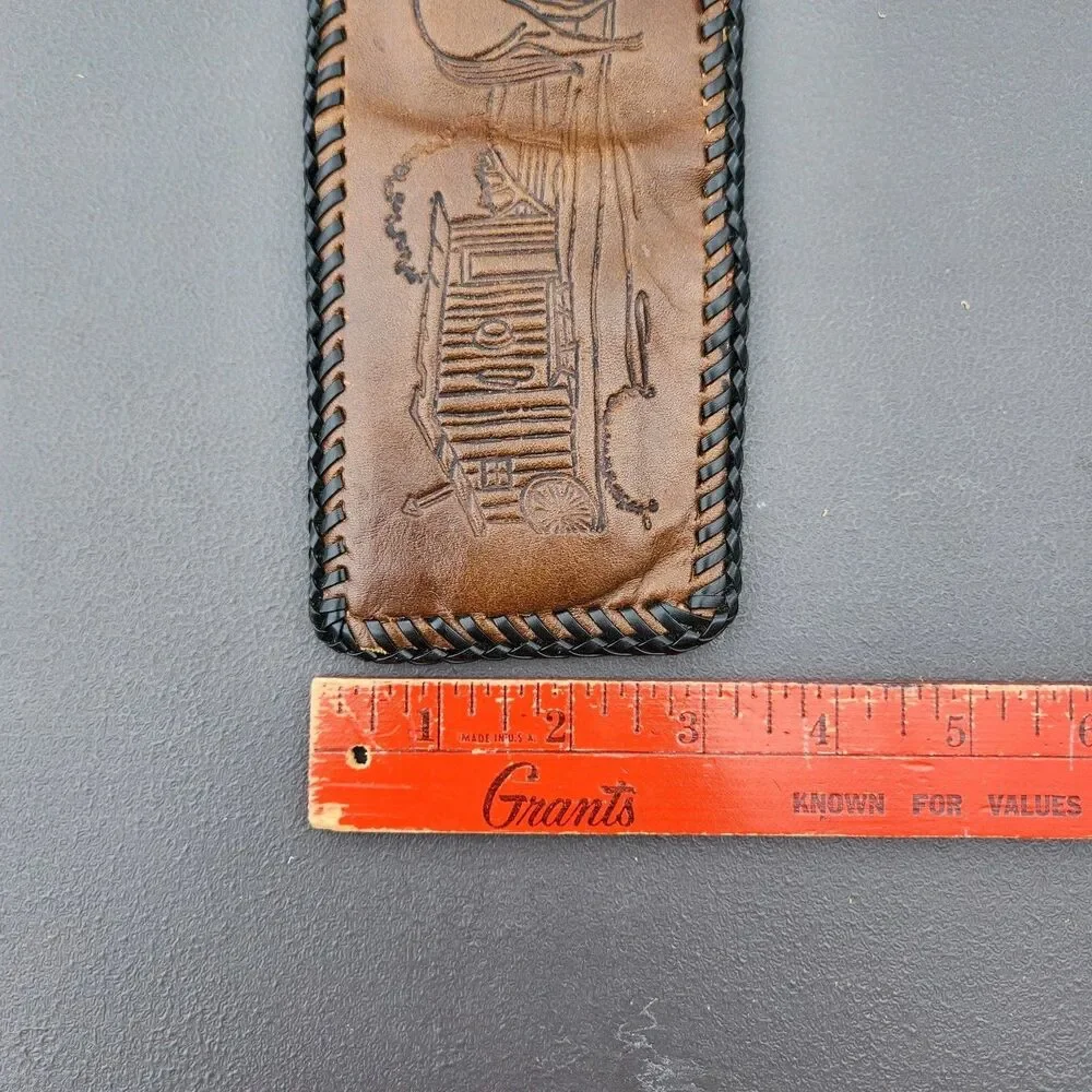 Vintage Hand Tooled Leather Braided Edge Bifold Wallet Horse & Cabin Western